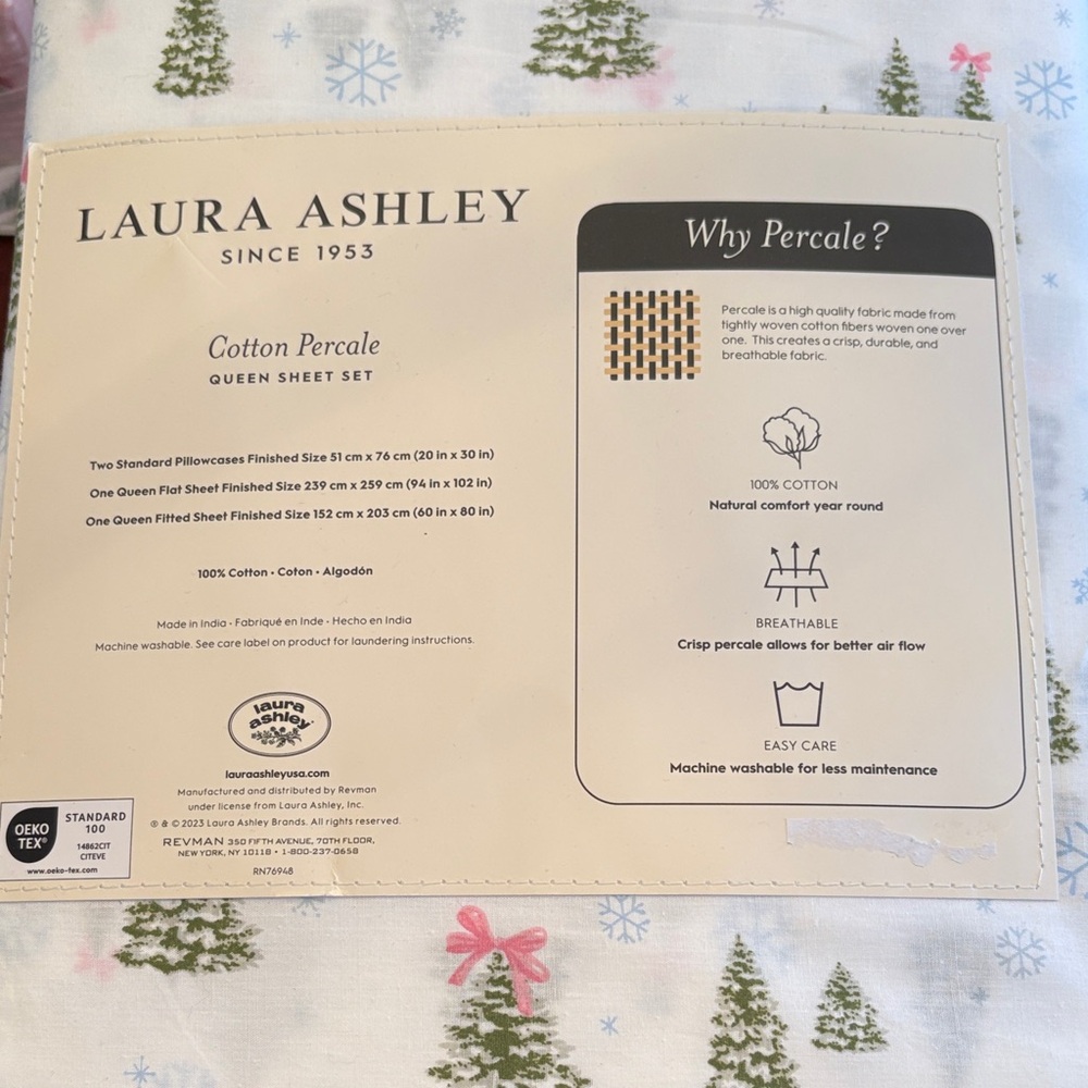 Laura Ashley Cotton Percale Sheet Set with Festive Trees winter brand new Queen - Picture 2 of 3